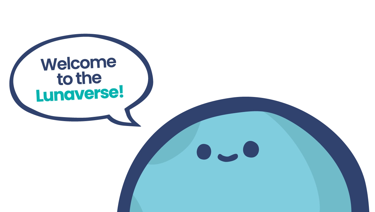 Luna Payroll Character for website footer saying "Welcome to the Lunaverse!" on a transparent background